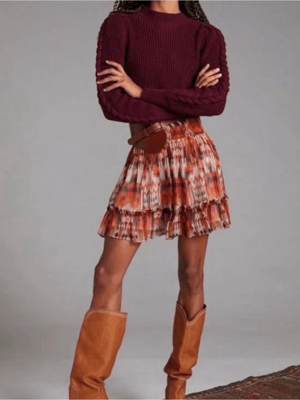 Anthropology Tiered Rust and Cream Printed Mini Skirt Small boho festival fairy